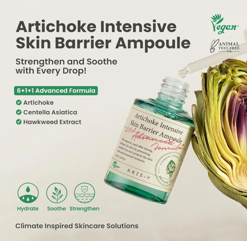 AXIS-Y Artichoke Intensive Skin Barrier Ampoule 30ml - Hydrating & Soothing Serum with Centella Asiatica, Vegan Korean Skin Care