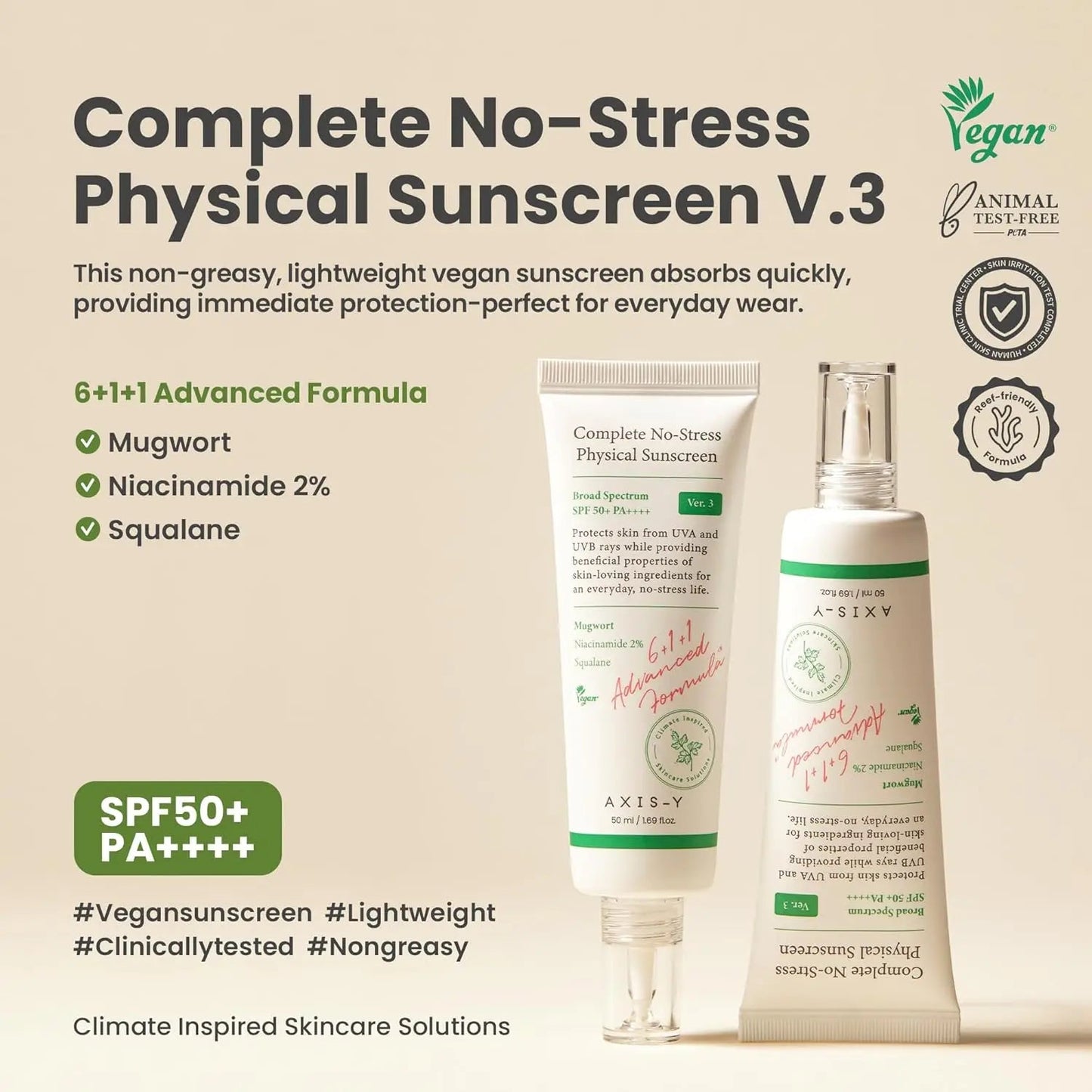 AXIS - Y Complete No - Stress Physical Sunscreen V.3 50ml Korean Skin Care Sunscreen SPF50 Vegan - Skin Glowing