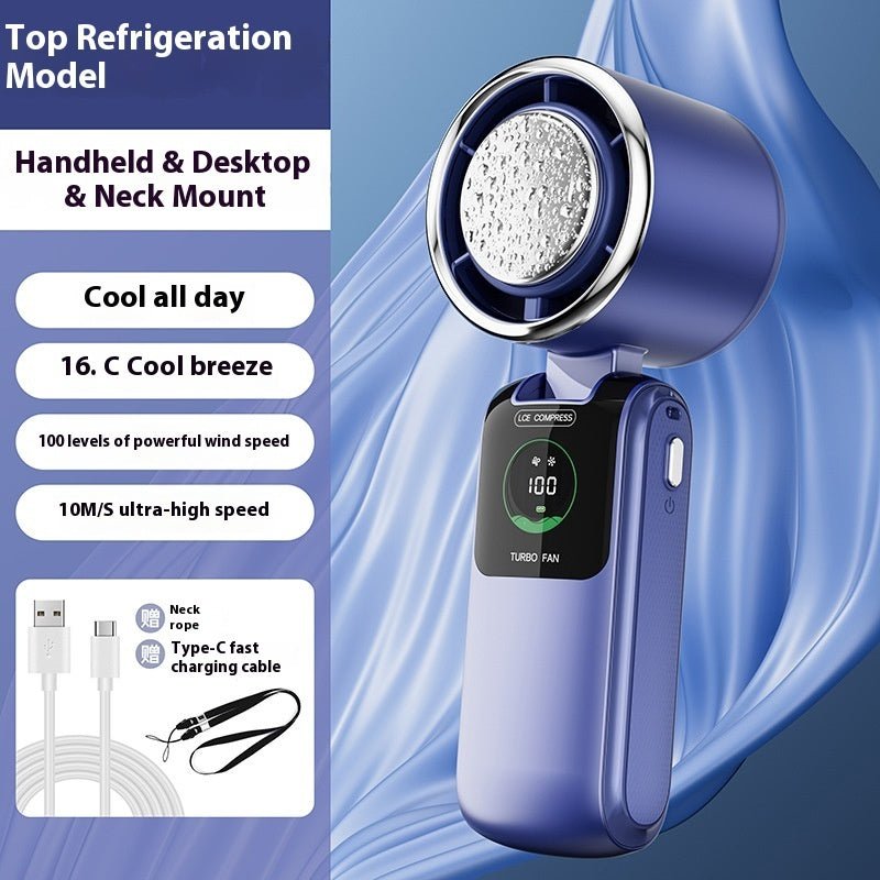 New Ice Pack High - Speed Handheld Eletirc Fan Speed Adjustable Folding Mini Fan Portable Outdoor Hanging Neck Small Fan - Skin Glowing