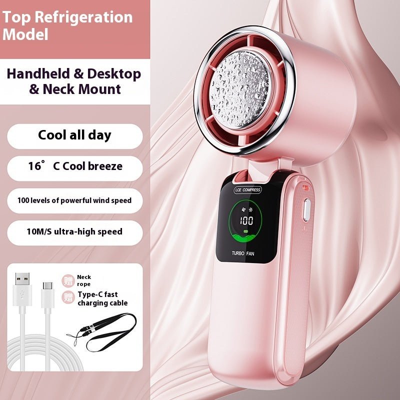 New Ice Pack High - Speed Handheld Eletirc Fan Speed Adjustable Folding Mini Fan Portable Outdoor Hanging Neck Small Fan - Skin Glowing