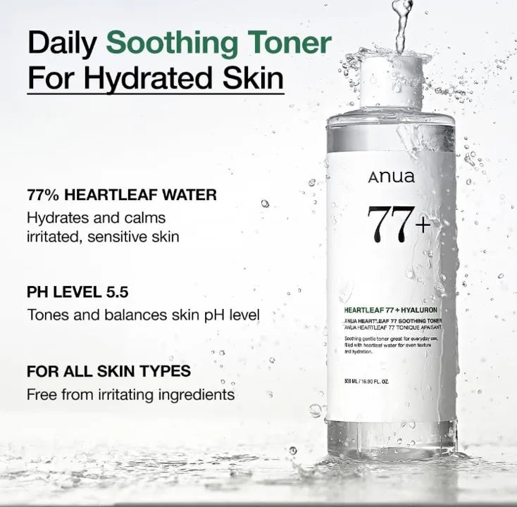 Korea Anua Heartleaf 77 Soothing Toner pH 5.5 Trouble Care Calming Skin Refreshing Hydrating Purifying Cruelty Free Vegan