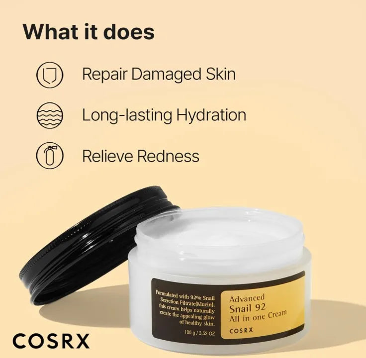 Korea Skincare COSRX Snail Mucin 92 Percent Face Moisturizer Lightweight Moisturizing Cream for Soft Glow Skin
