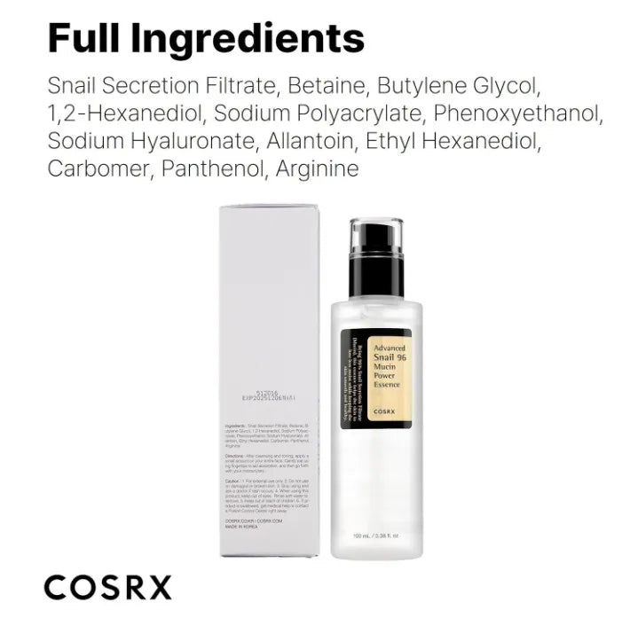 Korea Skincare COSRX Snail Mucin 96 Percent Power Repairing Essence Hydrating Serum for Face with Snail Secretion Filtrate
